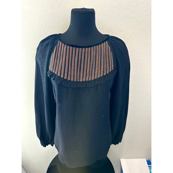 VELVET BY GRAHAM & SPENCER | Dark Blue Polka Dot Beaded Peasant Blouse | Medium - Picture 2 of 6